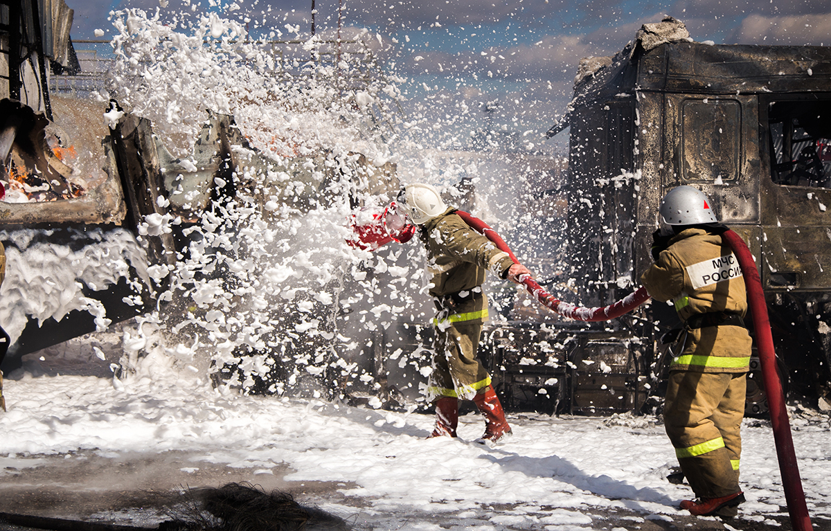 Firefighters using firefighting foam with PFAS