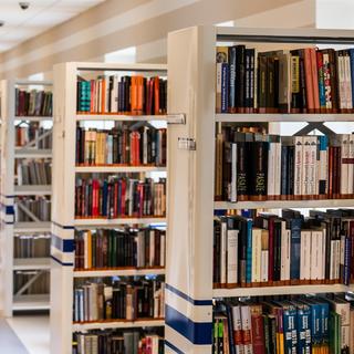 Multiple rows of bookcases filled with books in a library
