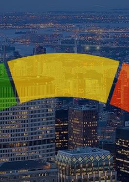 Arial view of NYC at night with part of a colorful semi-circle overlay