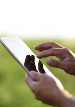 Person holding a cell phone in front of them and using the touch screen