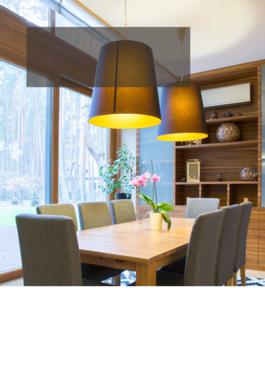 dining room set up with table, chairs, etc.