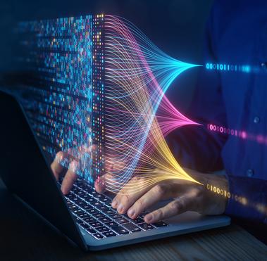 Scientist computing, analyzing and visualizing complex data set on computer.